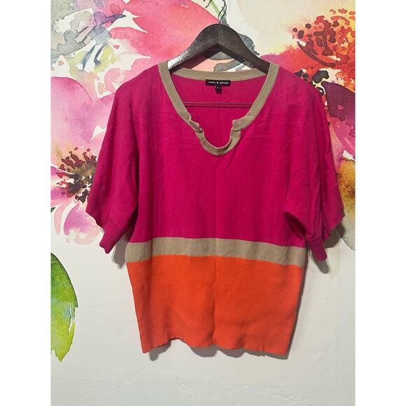CABLE & GAUGE Pullover Lightweight Block Sweater Sz L Pink & Black 3/4 Sleeve - Picture 1 of 4
